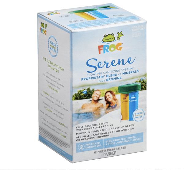 A box of FROG Serene Floating Sanitizing System for Hot Tubs.